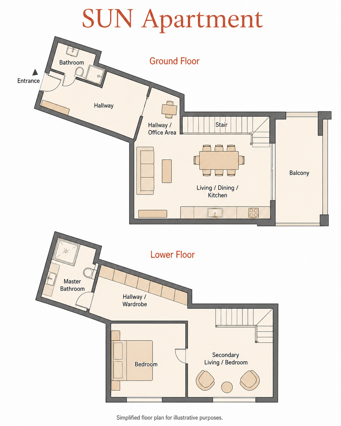 Illustrative two-level layout of the Sun apartment